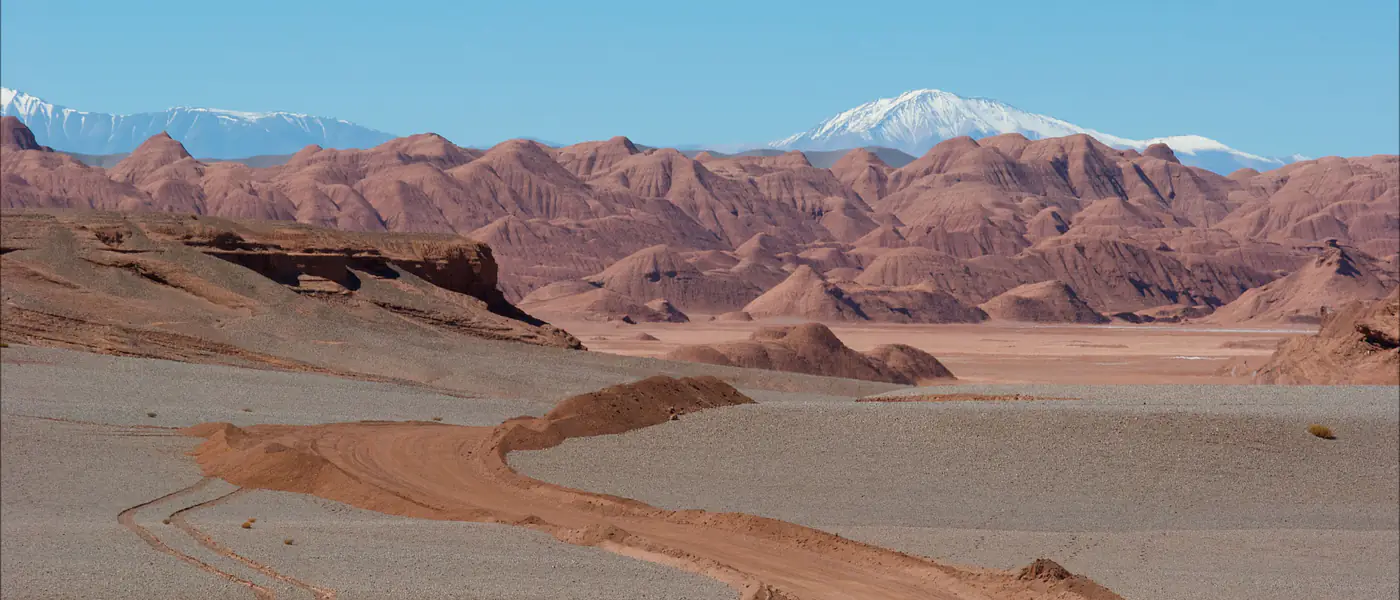 Camino de ripio hacia Tolar Grande, en la puna salteña, con la cordillera nevada al fondo.